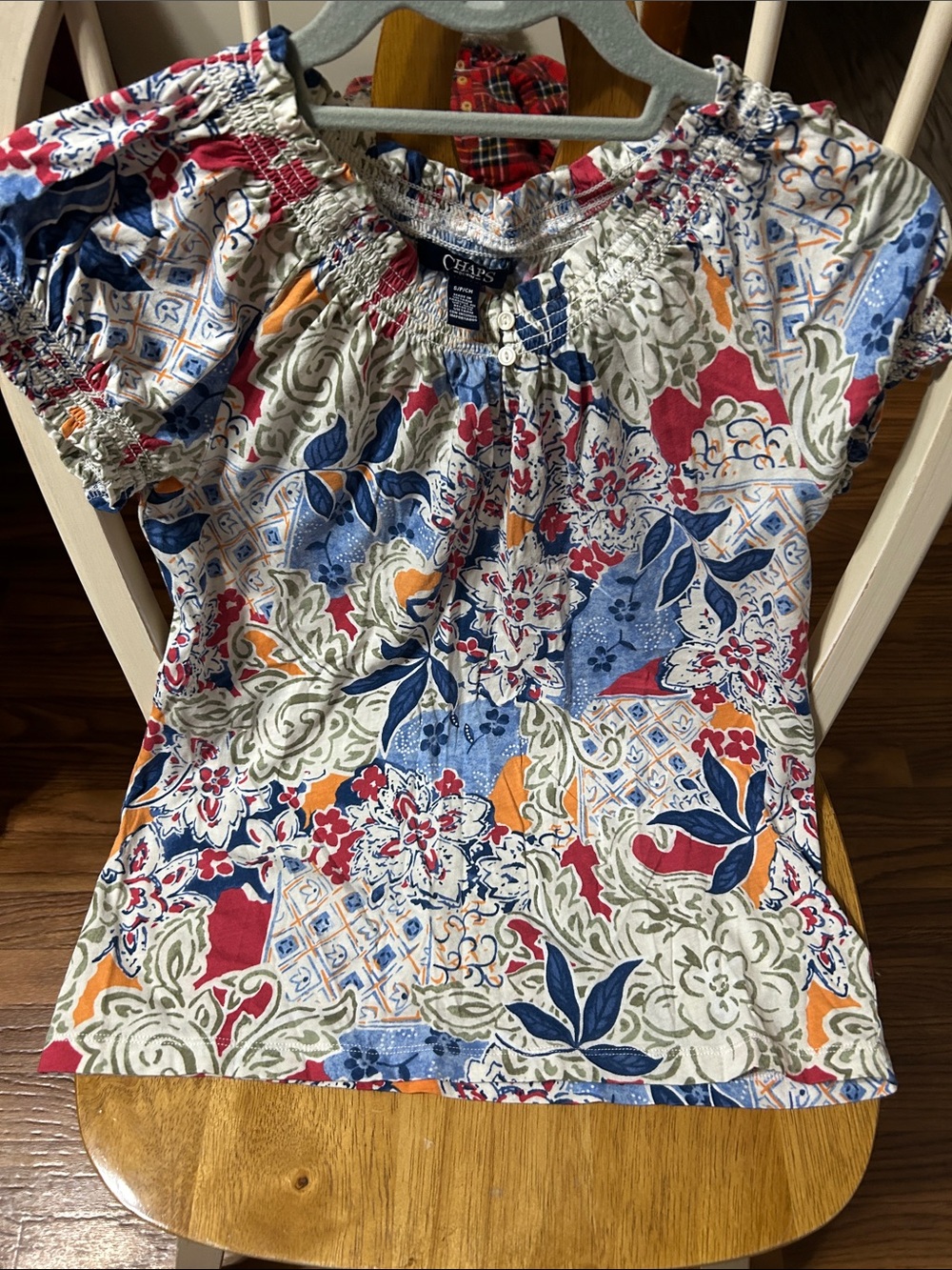 Chaps Multicolor Floral Smocked Neck Short Sleeve Blouse